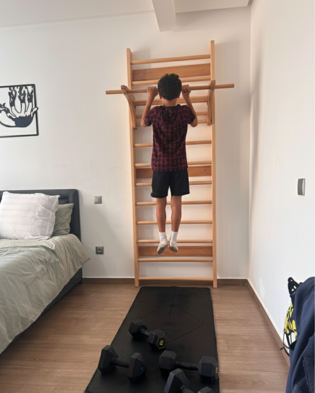 Échelle Murale Fitness avec Barre Amovible — Bois Hêtre