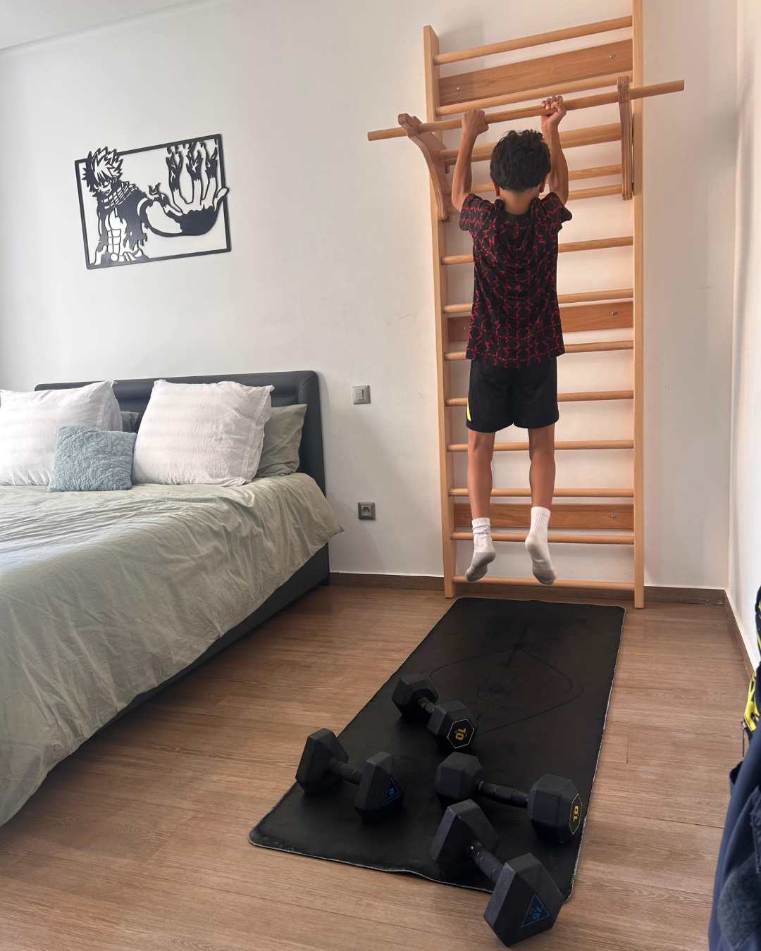 Échelle Murale Fitness avec Barre Amovible — Bois Hêtre