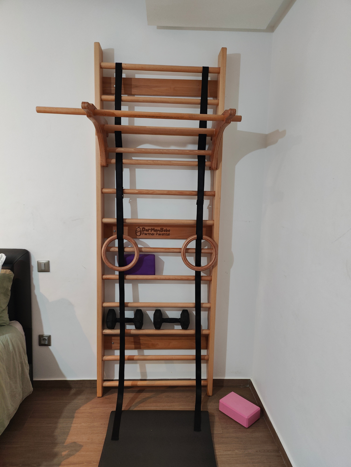 Échelle Murale Fitness avec Barre Amovible — Bois Hêtre
