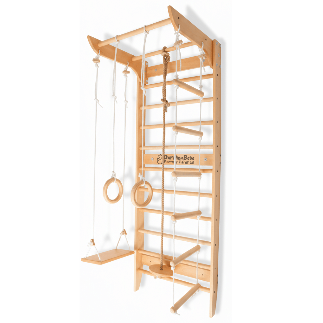 Échelle suédoise bois hêtre 220cm avec 5 accessoires complets - balançoire anneaux corde escalade echelle on bois à corde, extension fix 
